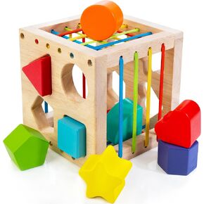Montessori Toy for 1 Year Old, Shape Sorter for Toddlers 1-3, Wooden Shape Sorting Cube with 8 Rattling Blocks Baby Toys 12-18 Months, Educational Learning Toy, Best Gift for 1+ Boy Girl