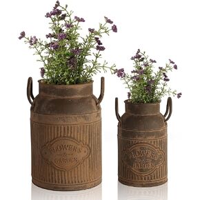 Rustic Farmhouse Vase Galvanized Milk Can Decorative Vintage Chic Pitcher Vase for Home Decor (Beige)