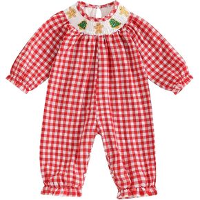 Omkzanbi Baby Girl Christmas Santa Smocked Bubble Romper Pants Embroidery Retro Gingham Bodysuit Cute Holiday Puff Jumpsuit