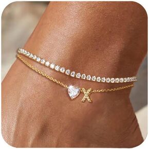 Gold Initial Ankle Bracelets for Women Waterproof 14K Gold Filled Layered Anklets for Women Non Tarnish Women's Anklets Adjustable Letter Anklets for Women Large Ankle Summer Beach Foot Jewelry