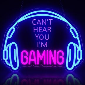 Gaming Neon Sign, Large Bright and Dimmable Colored LED Headset Gamer Neon Light and USB Powered Headphone Lightup Game Signs for Game Zone Video Room Boy Bedroom Wall Decor (Can't Hear You I'm Gaming)