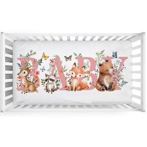 Baby Animals Boho Floral Crib Sheet 52''x28'' Woodland Animals Butterflies Leaves Stretchy Fitted Crib Mattress Covers for Boy Girl Bear Deer Fox Soft Baby Sheets for Standard Crib Toddler Mattress