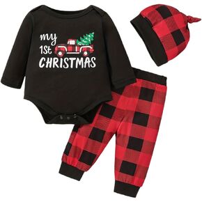 Newborn My First Christmas Baby Boy Girl Outfit 3PCS Set Infant Xmas Printed Clothes Red Plaid Pants Hat 0-18 Months