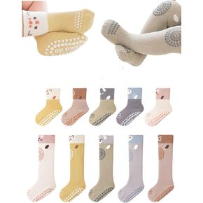 Baby Toddler Non-Skid Knee High & Crew Socks Girl Boy Non Slip Socks Newborn Infant First Walking Floor Socks 10 Packs