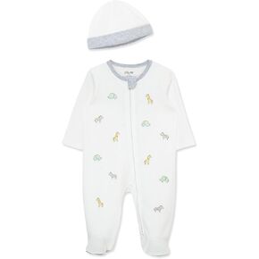 Little Me Gender Neutral Clothes for Baby 2-Piece 100% Cotton Scratch-Free Tag Safari Footie Sleeper and Cap Set, Newborn