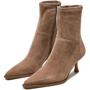 Womens Brown Suede Fall Boots with Side Zip, Ankle, Mid Calf, Pointed Toe, Kitten Heel, Dressy, Short Boots