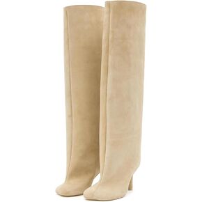 Women's Knee High Boots Green Suede Wide Calf Stiletto Long Booties Square Toe Pull On High Heel Riding Boots for Women Ladies Fashion Dress Tall Boots