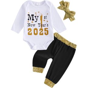Baby Boy Girl First New Years Outfit Long Sleeve Letter Romper Onesie Tops Pants Fall Winter Clothes Sets 3Pcs