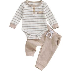 Yoawdats Newborn Baby Boy Long Sleeve Button Clothes Romper Bodysuit Pants Set Infant Waffle Fall Winter Outfit