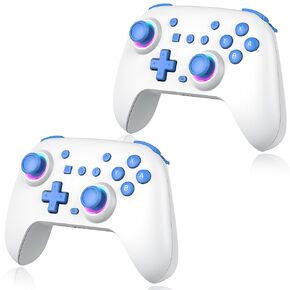 PPKKAI Switch Pro Controller 2 Pack, Wireless Switch Controller for Nintendo Switch/Lite/OLED, Gaming Controller with Hall Effect Joysticks/Programmable/Adjustable Dual Vibration, Blue-White