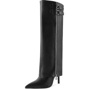 Soireelady Womens Fold Over Boots Pointed Toe Stiletto High Heeled Knee High Boots Shark Tall Booties with Side Zipper Closure 3.5 Inch