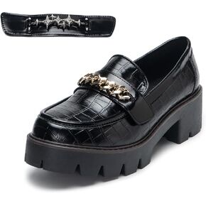 Black Loafers Women Penny Slip ons Comfortable Dressy Leather Lug Sole Loafer Shoes Work Replaceable Chains