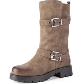 Shoe'N Tale Women's Low Heel Riding Boots Mid Calf Platform Round Toe Adjustable Buckle Motorcycle Biker Boots Fall Winter