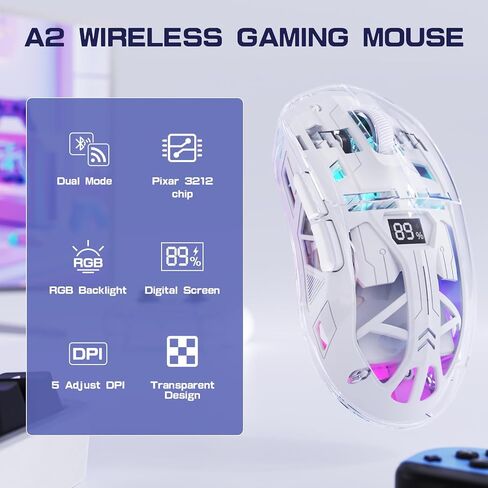 FREEWOLF A2 Transparent Wireless Gaming Mouse,Dual Mode BT 5.0/2.4G PC Gaming Mice,PixArt 3212 5 Adjustable DPI,Rechargeable Silent Mouse with Digital Screen,RGB Backlight Mouse for Win/Mac(White) in Kuwait