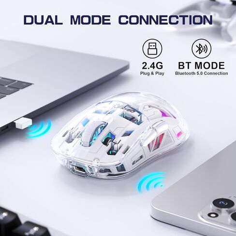 FREEWOLF A2 Transparent Wireless Gaming Mouse,Dual Mode BT 5.0/2.4G PC Gaming Mice,PixArt 3212 5 Adjustable DPI,Rechargeable Silent Mouse with Digital Screen,RGB Backlight Mouse for Win/Mac(White) in Kuwait