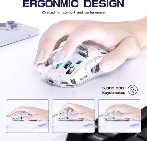 FREEWOLF A2 Transparent Wireless Gaming Mouse,Dual Mode BT 5.0/2.4G PC Gaming Mice,PixArt 3212 5 Adjustable DPI,Rechargeable Silent Mouse with Digital Screen,RGB Backlight Mouse for Win/Mac(White) in Kuwait