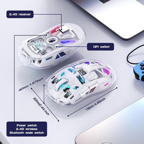 FREEWOLF A2 Transparent Wireless Gaming Mouse,Dual Mode BT 5.0/2.4G PC Gaming Mice,PixArt 3212 5 Adjustable DPI,Rechargeable Silent Mouse with Digital Screen,RGB Backlight Mouse for Win/Mac(White) in Kuwait