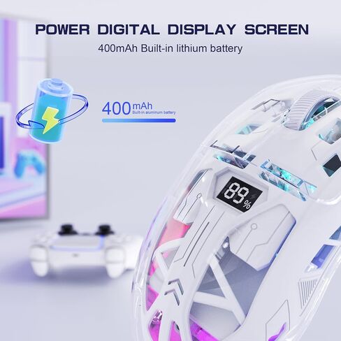 FREEWOLF A2 Transparent Wireless Gaming Mouse,Dual Mode BT 5.0/2.4G PC Gaming Mice,PixArt 3212 5 Adjustable DPI,Rechargeable Silent Mouse with Digital Screen,RGB Backlight Mouse for Win/Mac(White) in Kuwait