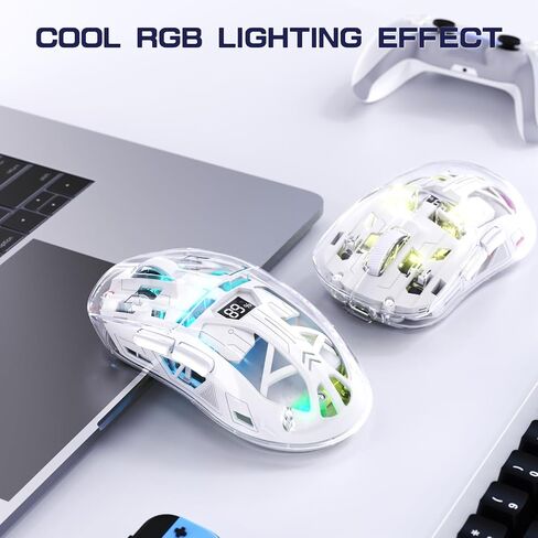 FREEWOLF A2 Transparent Wireless Gaming Mouse,Dual Mode BT 5.0/2.4G PC Gaming Mice,PixArt 3212 5 Adjustable DPI,Rechargeable Silent Mouse with Digital Screen,RGB Backlight Mouse for Win/Mac(White) in Kuwait
