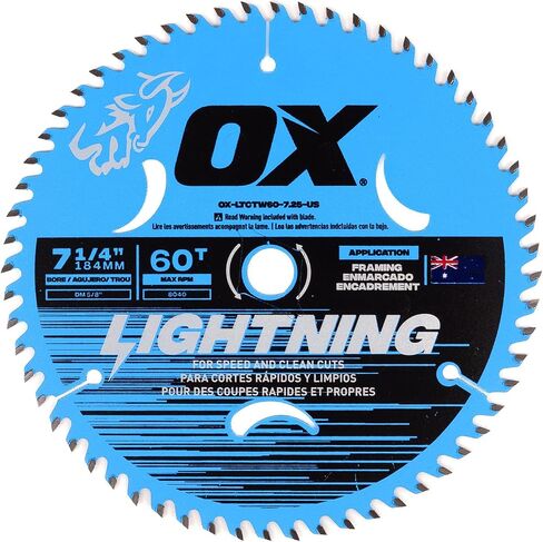OX Lightning 7 1/4 in Circular Saw Blade 24 Tooth - Framing Wood | 184mm carbide tipped TCT blade, 5/8 in bore, M9 grade carbide, laser-cut vents, made in Australia in Saudi Arabia