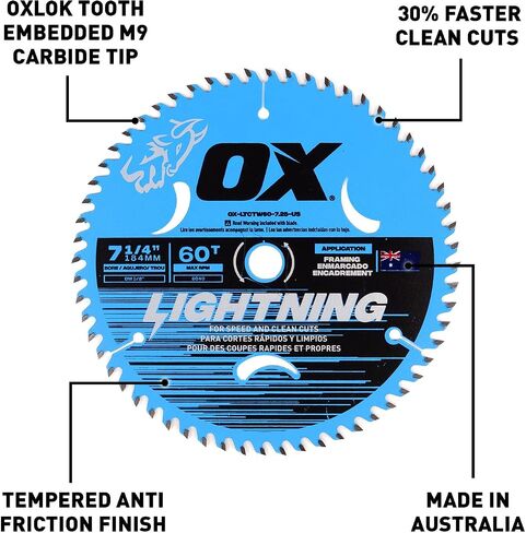 OX Lightning 7 1/4 in Circular Saw Blade 24 Tooth - Framing Wood | 184mm carbide tipped TCT blade, 5/8 in bore, M9 grade carbide, laser-cut vents, made in Australia in Saudi Arabia