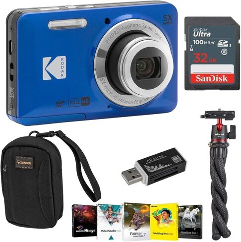 كاميرا رقمية تكبير صديقة للبيئة من Kodak PIXPRO FZ55، حزمة مع بطاقة ذاكرة 32 جيجابايت، حقيبة كاميرا، حامل ثلاثي القوائم، برنامج تحرير الصور، قارئ بطاقات (أزرق) in Saudi Arabia