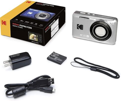 Kodak PIXPRO FZ55 Friendly Zoom Digital Camera, Bundle with 32GB Memory Card, Camera Bag, Tripod, Photo Editing Software, Card Reader (Silver) in Saudi Arabia