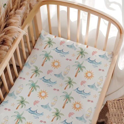Summer Beach Crib Sheets, Palm Tree Summer Fitted Crib Sheet for Standard Crib and Stroller Mattress, Unisex Summer Ocean Print Mattress Sheet for Baby Boys Girls-28 * 52 in Saudi Arabia