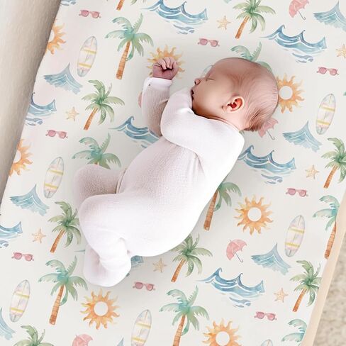 Summer Beach Crib Sheets, Palm Tree Summer Fitted Crib Sheet for Standard Crib and Stroller Mattress, Unisex Summer Ocean Print Mattress Sheet for Baby Boys Girls-28 * 52 in Saudi Arabia