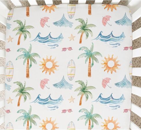 Summer Beach Crib Sheets, Palm Tree Summer Fitted Crib Sheet for Standard Crib and Stroller Mattress, Unisex Summer Ocean Print Mattress Sheet for Baby Boys Girls-28 * 52 in Saudi Arabia