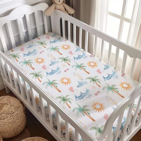 Summer Beach Crib Sheets, Palm Tree Summer Fitted Crib Sheet for Standard Crib and Stroller Mattress, Unisex Summer Ocean Print Mattress Sheet for Baby Boys Girls-28 * 52 in Saudi Arabia