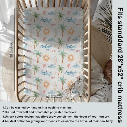 Summer Beach Crib Sheets, Palm Tree Summer Fitted Crib Sheet for Standard Crib and Stroller Mattress, Unisex Summer Ocean Print Mattress Sheet for Baby Boys Girls-28 * 52 in Saudi Arabia