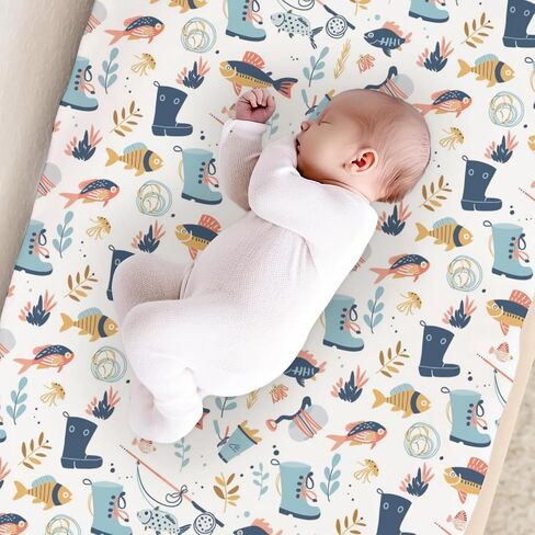 Summer Beach Crib Sheets, Palm Tree Summer Fitted Crib Sheet for Standard Crib and Stroller Mattress, Unisex Summer Ocean Print Mattress Sheet for Baby Boys Girls-28 * 52 in Saudi Arabia