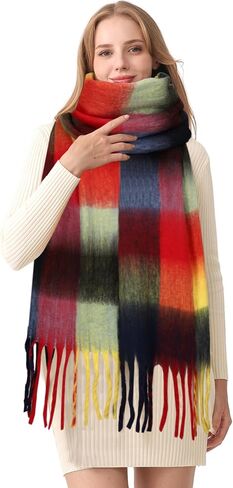 HOTIAN Women's Large Scarf Colorful Chunky Plaid Scarves Soft Winter Thick Tassel Warm Wrap Shawl in Kuwait