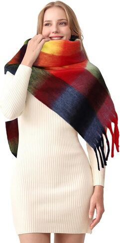 HOTIAN Women's Large Scarf Colorful Chunky Plaid Scarves Soft Winter Thick Tassel Warm Wrap Shawl in Kuwait