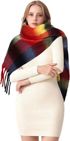 HOTIAN Women's Large Scarf Colorful Chunky Plaid Scarves Soft Winter Thick Tassel Warm Wrap Shawl in Kuwait