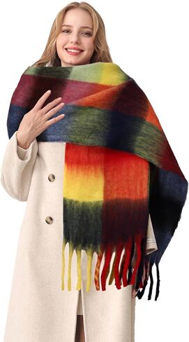 HOTIAN Women's Large Scarf Colorful Chunky Plaid Scarves Soft Winter Thick Tassel Warm Wrap Shawl in Kuwait