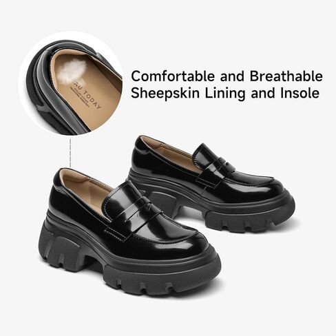 BEAU TODAY Womens Fashion Platform Loafers,Comfort Slip-on Leather Loafers for Women,Chunky Heel Loafers with Round Toe Business Work Shoes in Saudi Arabia