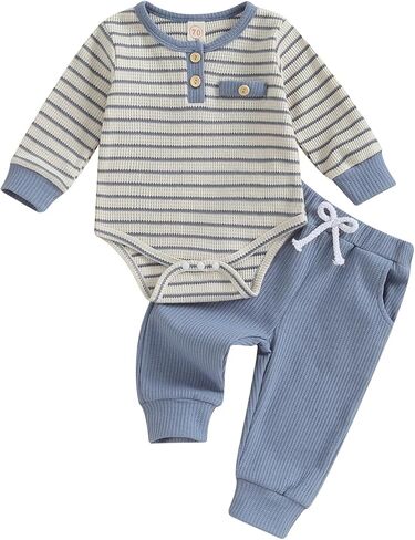 Yoawdats Newborn Baby Boy Long Sleeve Button Clothes Romper Bodysuit Pants Set Infant Waffle Fall Winter Outfit in Saudi Arabia