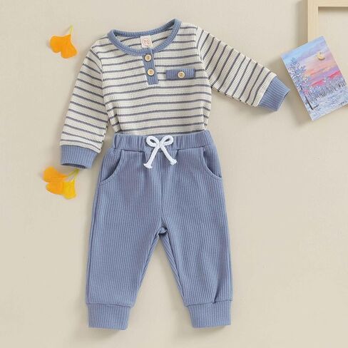 Yoawdats Newborn Baby Boy Long Sleeve Button Clothes Romper Bodysuit Pants Set Infant Waffle Fall Winter Outfit in Saudi Arabia
