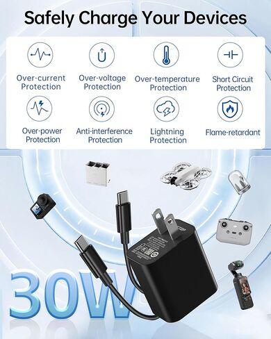 شاحن USB-C بقوة 30 واط، شاحن سريع لـ DJI Neo، Avata/Avata 2، Mini 4 Pro/Mini 3 Pro/Mini 3/Mini 4K/Mini 2 SE/Mini 2/Mini SE/Mavic Mini، Osmo Pocket 3، Osmo Action 3 /4/5 برو، طائرة هوفير إير إكس 1 بدون طيار in Kuwait