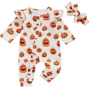Halloween Newborn Baby Girl Clothes Pumpkin Fly Sleeve Waffle Coming Home Romper Cute Fall Winter Outfits