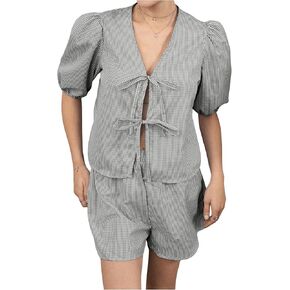 MakeMeChic Women's Two Piece Lounge Sets Gingham Plaid Puff Sleeve Tie Peplum Top and Shorts Pajamas Set