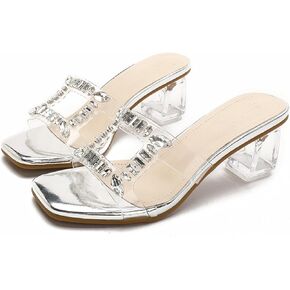 Women's Rhinestone Transparent Chunky Heel Sandals Slip-On Open Square Toe Crystal Block Heel Fashion Slides Party Wedding High Heels Slippers