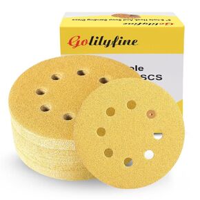 50pcs Sanding Discs 5" - 8 Hole Golden Sanding Discs 220 Grit Dustless Hook and Loop Fits for 5Inch Sander Sandpaper Finishing Discs for Automotive (220 Grit)