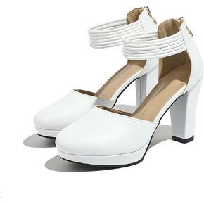 Women's High Block Heels Pumps Round Closed Toe Ankle Strap Dress Wedding Shoes