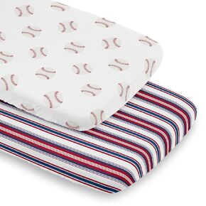 Sweet Jojo Designs Baseball Sport Boy Baby Bassinet Sheets Fitted Sheet Set for Infant Newborn Nursery Oval Rectangle Hourglass Mattress – 2p - Red White and Blue Stripes Striped Americana Sports