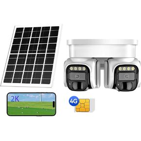 4G LTE Solar Security Camera, Dual Lens 360° Pan Tilt, No WiFi, 2K HD, AI Motion Detection, Color Night Vision, PIR Sensors, 2-Way Talk, Siren, IP66 Weatherproof, Solar Powered, Pre-Installed SIM Card