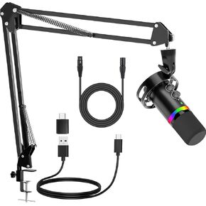 VTSGN XLR/USB Gaming Microphone Kit, Dynamic Mic for Podcasting & Streaming, PC Microphone with Boom Arm, RGB Lights, Mute Button, Headphone Jack, for Recording, Vocals, Voice-Over