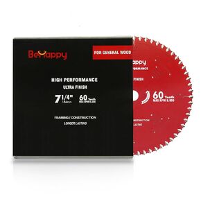BeHappy Circular Saw Blade, 7-1/4" Carbide Tipped Circular Saw Blade, 60T ATB Circular Saw Blade 5/8" Arbor for Miter/Table/Circular Saw for Plywood, Laminate, Ripping Wood Wood